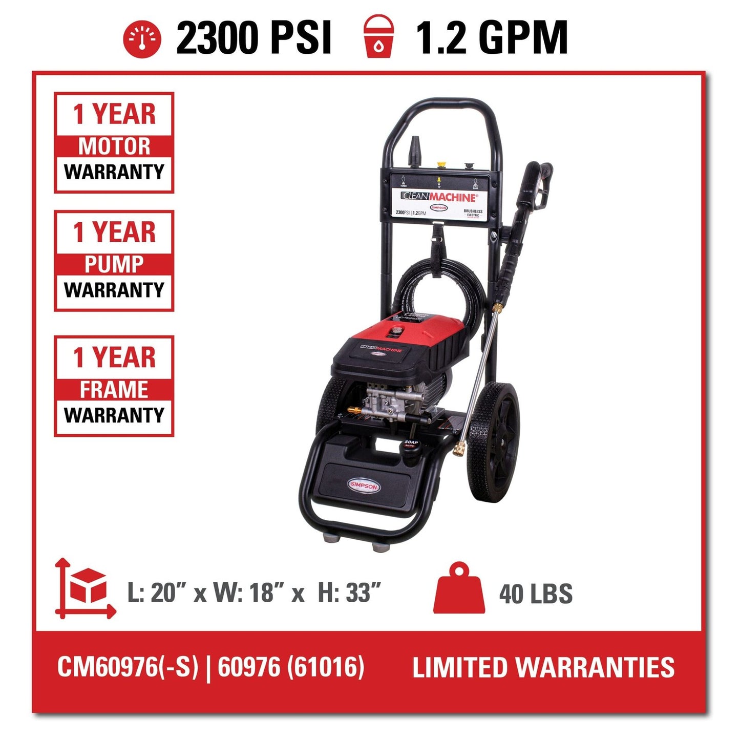 SIMPSON 1.2-GPM Clean Machine 2300 PSI 1.2-GPM Cold Water Electric Pressure Washer with 3 Spray Tips (Battery Included) CM60976 image 14