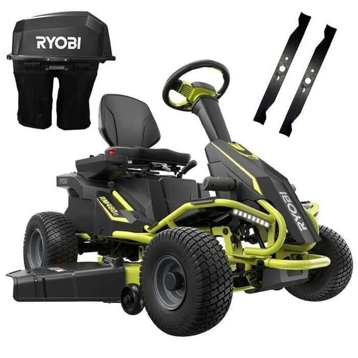 RYOBI 38 in. 100Ah Battery Rear Engine Electric Riding Lawn Mower and Bagging Kit image 0