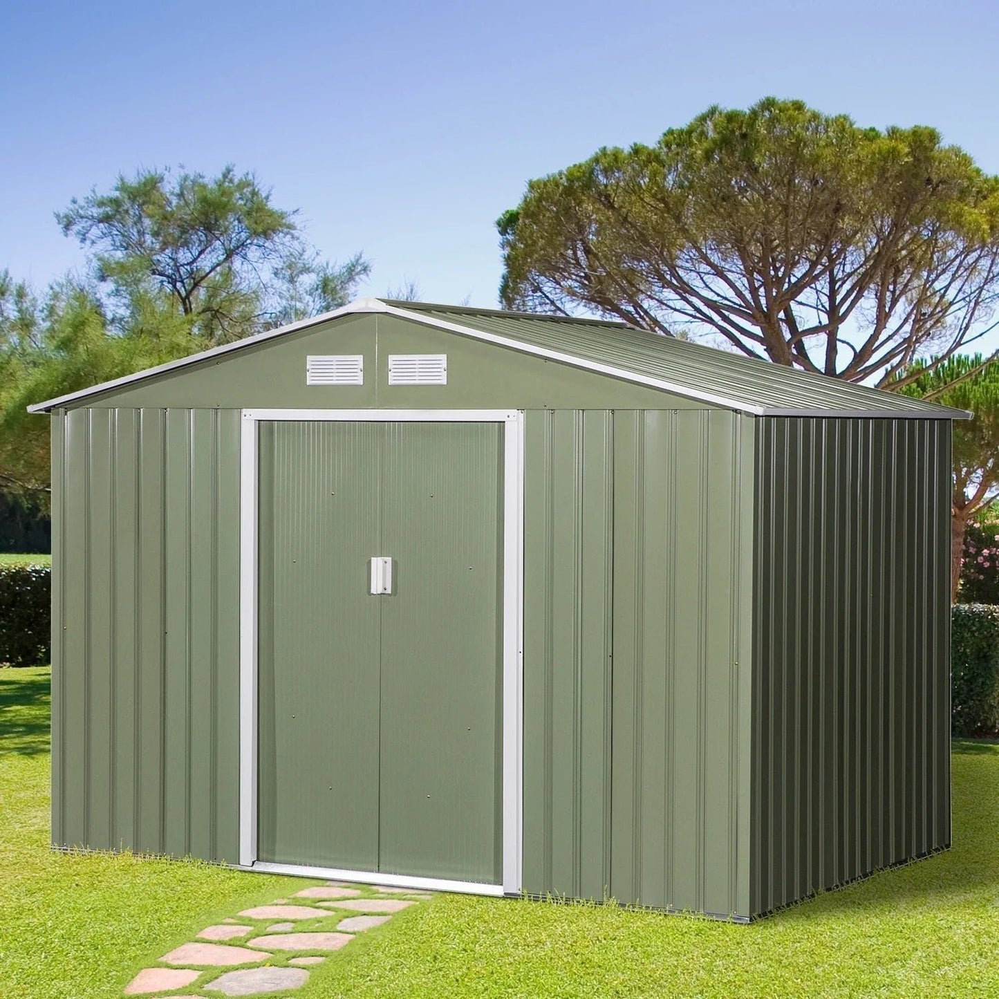 Spacious 9′ x 6′ Outdoor Storage Shed with Foundation, Sliding Doors, and Vents – Green image 1