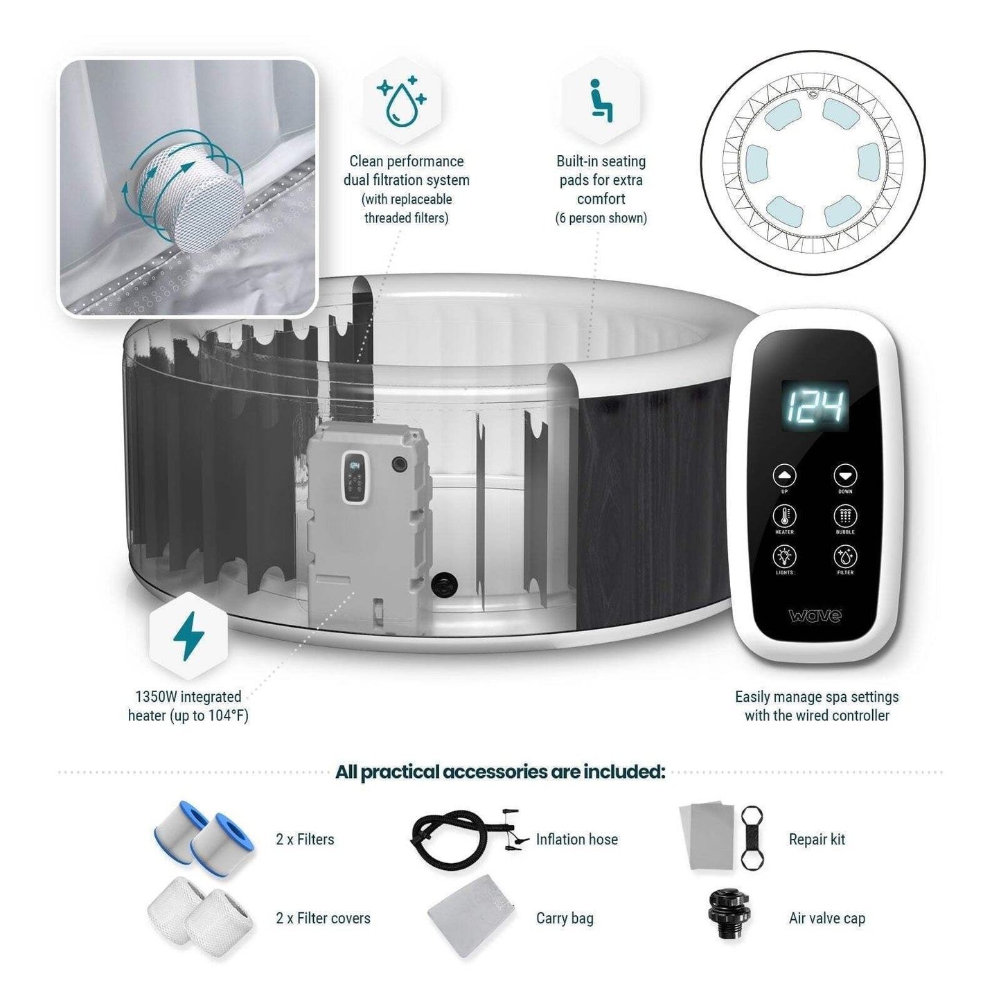 Wave Atlantic 6-Person Inflatable Hot Tub | Integrated Eco Heater | 130 Aquajet Massage System | Anti-Freeze Protection | Quick 15-Minute Setup | Gray Rattan image 10