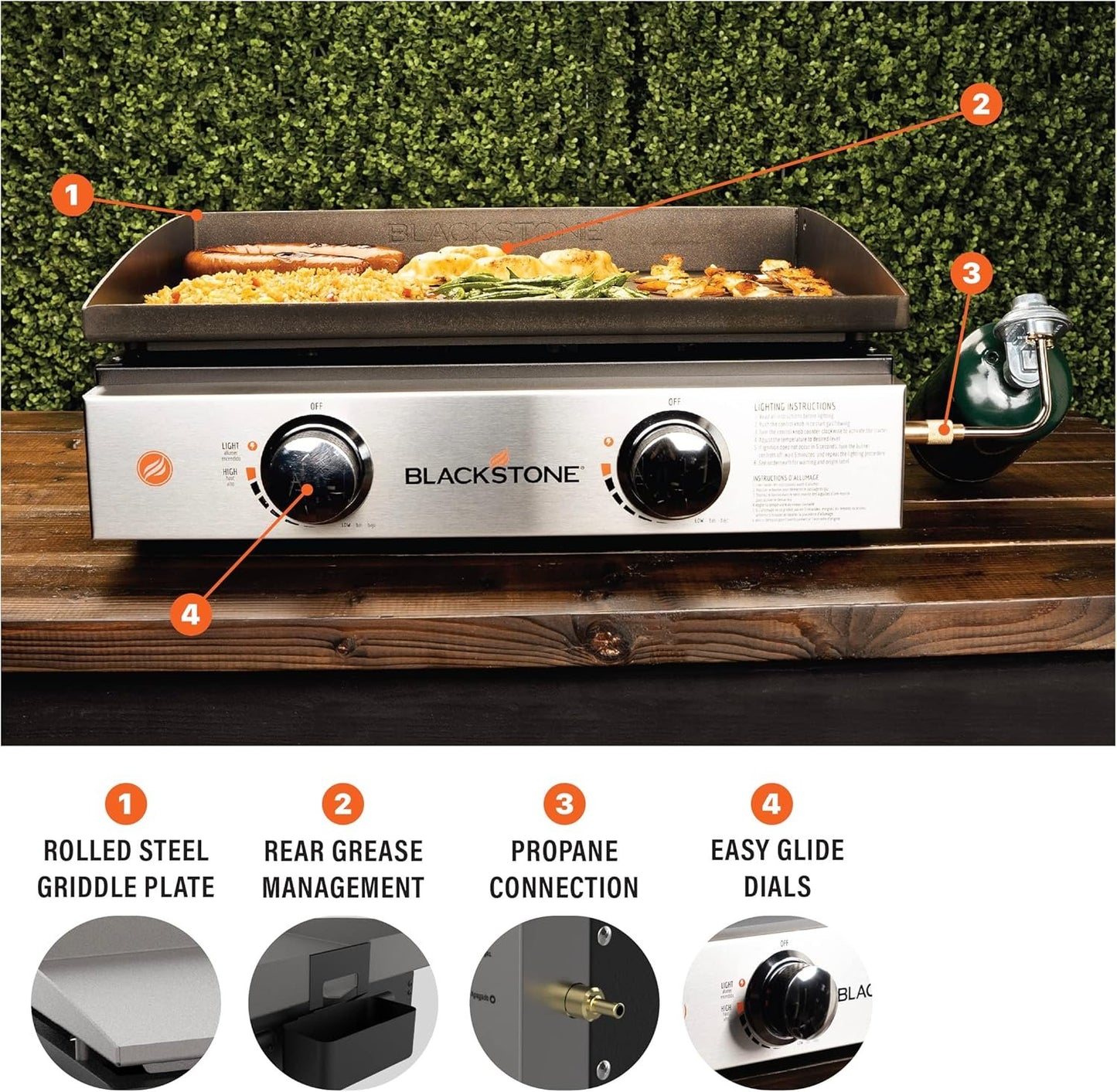Blackstone 22″ Portable Tabletop Griddle – Dual Burner Flat Top Grill, 24,000 BTU Propane with Stainless Steel Faceplate & Rear Grease System image 1