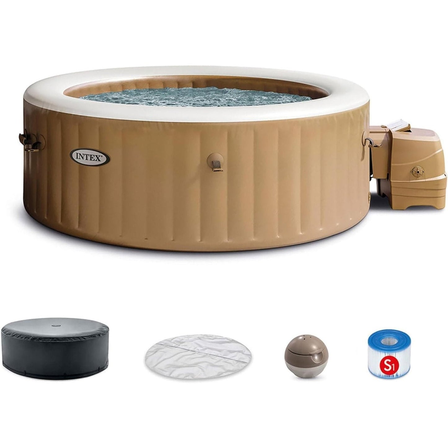 Intex: PureSpa: Sahara Tan Inflatable Hot Tub Set – 6 Person – 85″ Round Outdoor Heated Bubble Spa, Jet Massage, Cover, Hard Water Treatment System image 0