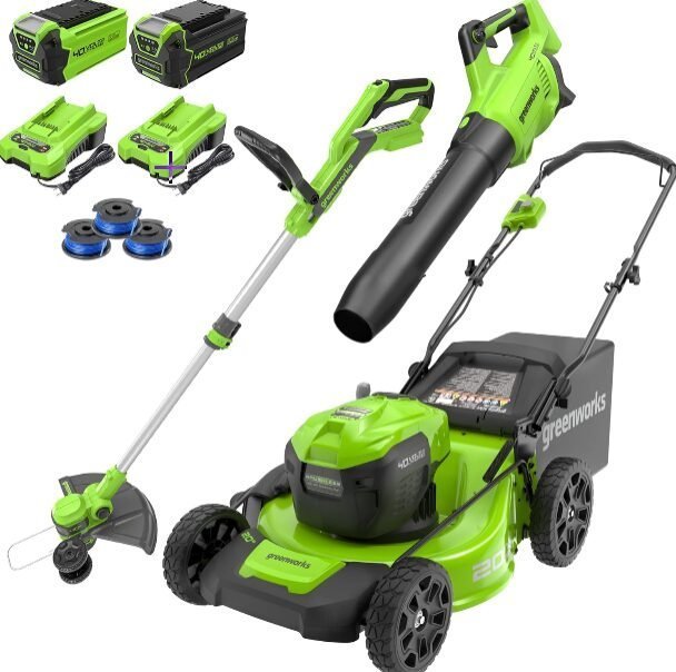 Greenworks 40V 20″ Cordless Mower, 500 CFM Blower, 12″ Trimmer, 2 Batteries (5Ah + 2Ah) & Chargers image 1
