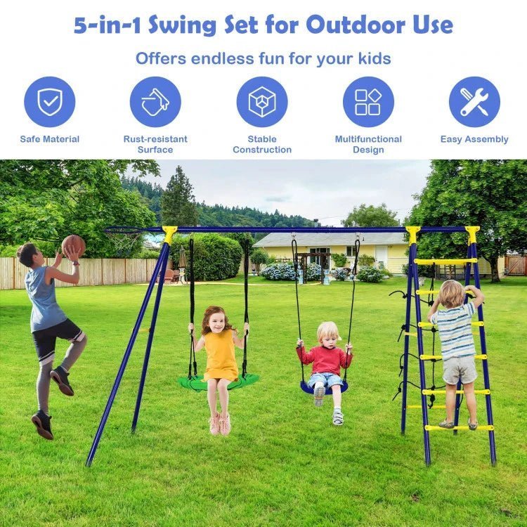 Ultimate 5-In-1 Outdoor Kids Swing Set with Sturdy A-Frame Metal Construction and Secure Ground Stakes image 1