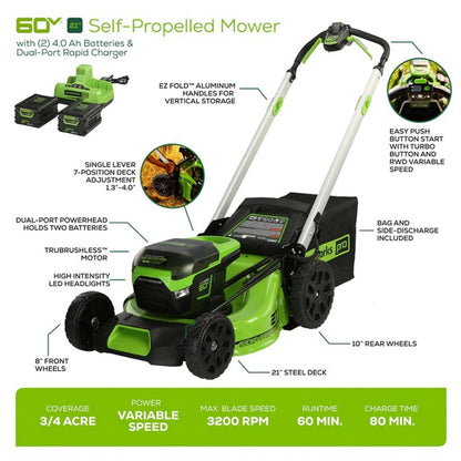 Greenworks 60V 21″ Brushless Self-Propelled Battery Powered Lawn Mower + (2) 4.0Ah Batteries & Dual Port Charger image 3