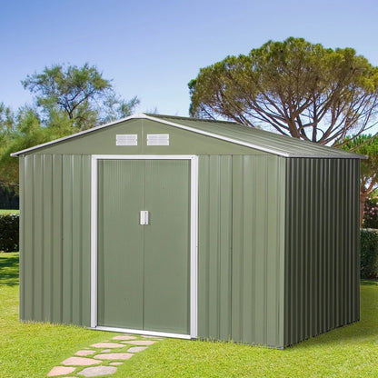 Spacious 9′ x 6′ Outdoor Storage Shed with Foundation, Sliding Doors, and Vents – Green image 1