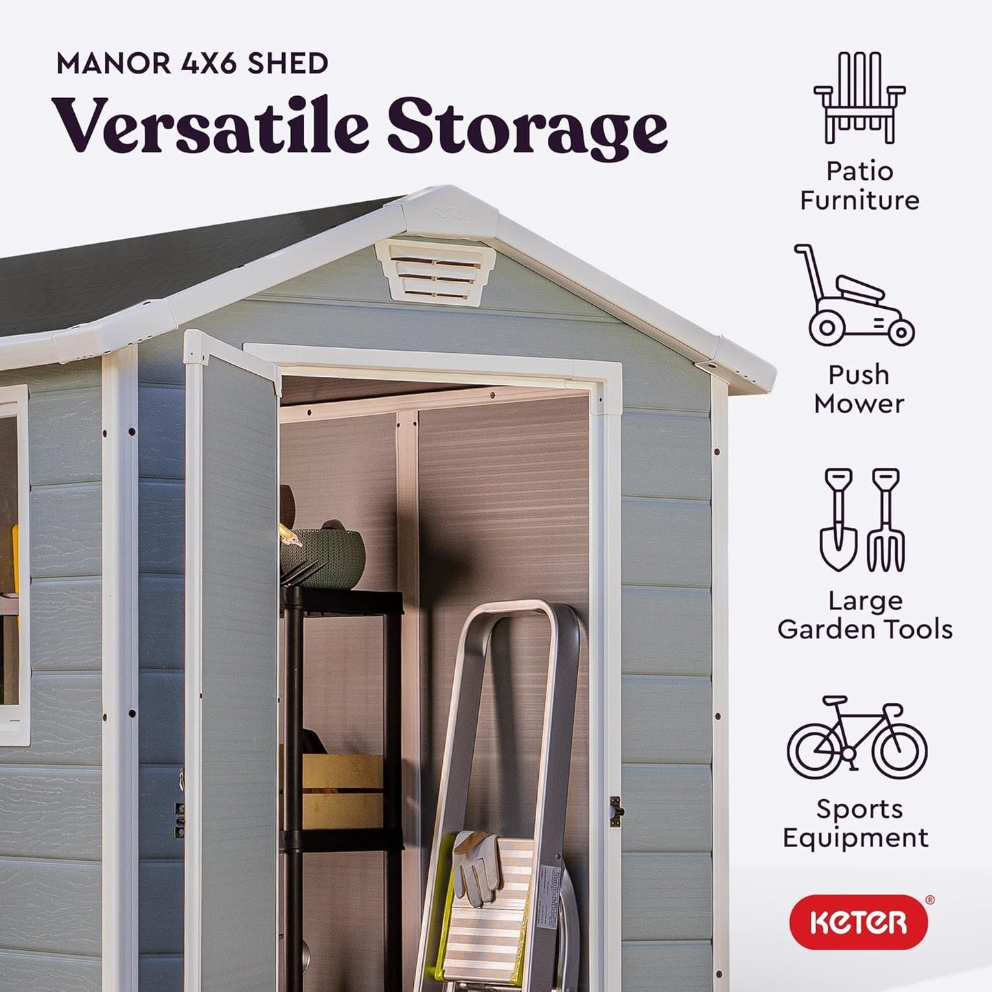 Keter Manor 4×6 Resin Outdoor Storage Shed Kit-Perfect to Store Patio Furniture, Garden Tools Bike Accessories, Beach Chairs and Lawn Mower, Grey & White image 3