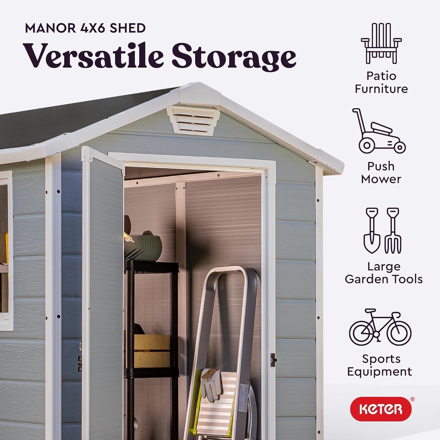 Keter Manor 4×6 Resin Outdoor Storage Shed Kit-Perfect to Store Patio Furniture, Garden Tools Bike Accessories, Beach Chairs and Lawn Mower, Grey & White image 3
