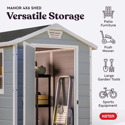 Keter Manor 4×6 Resin Outdoor Storage Shed Kit-Perfect to Store Patio Furniture, Garden Tools Bike Accessories, Beach Chairs and Lawn Mower, Grey & White image 3