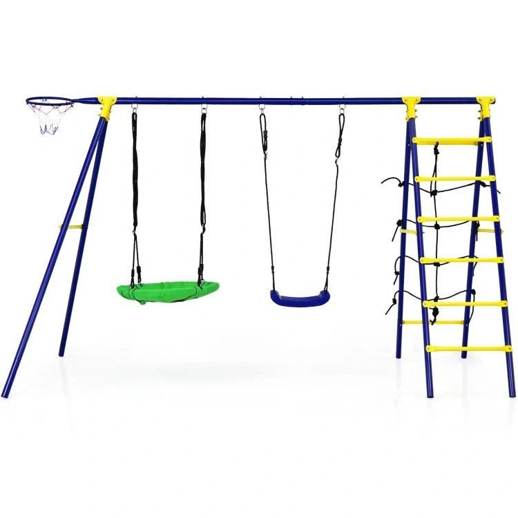 Ultimate 5-In-1 Outdoor Kids Swing Set with Sturdy A-Frame Metal Construction and Secure Ground Stakes image 0
