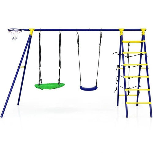 Ultimate 5-In-1 Outdoor Kids Swing Set with Sturdy A-Frame Metal Construction and Secure Ground Stakes image 0