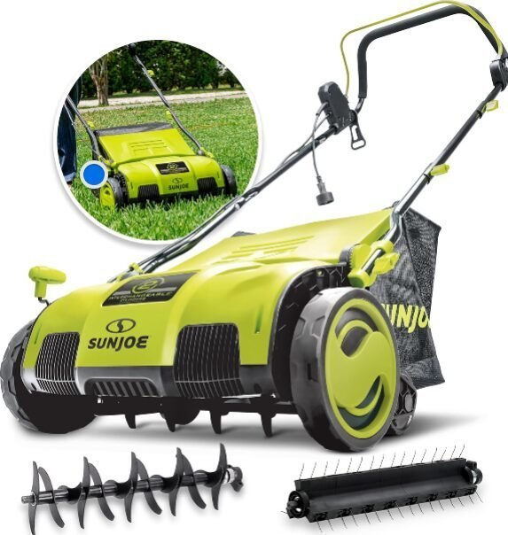 Sun Joe AJ805E 15″ Electric Dethatcher & Scarifier, 13-Amp, 5-Position Height, 13.2-Gal Bag, Airboost image 0