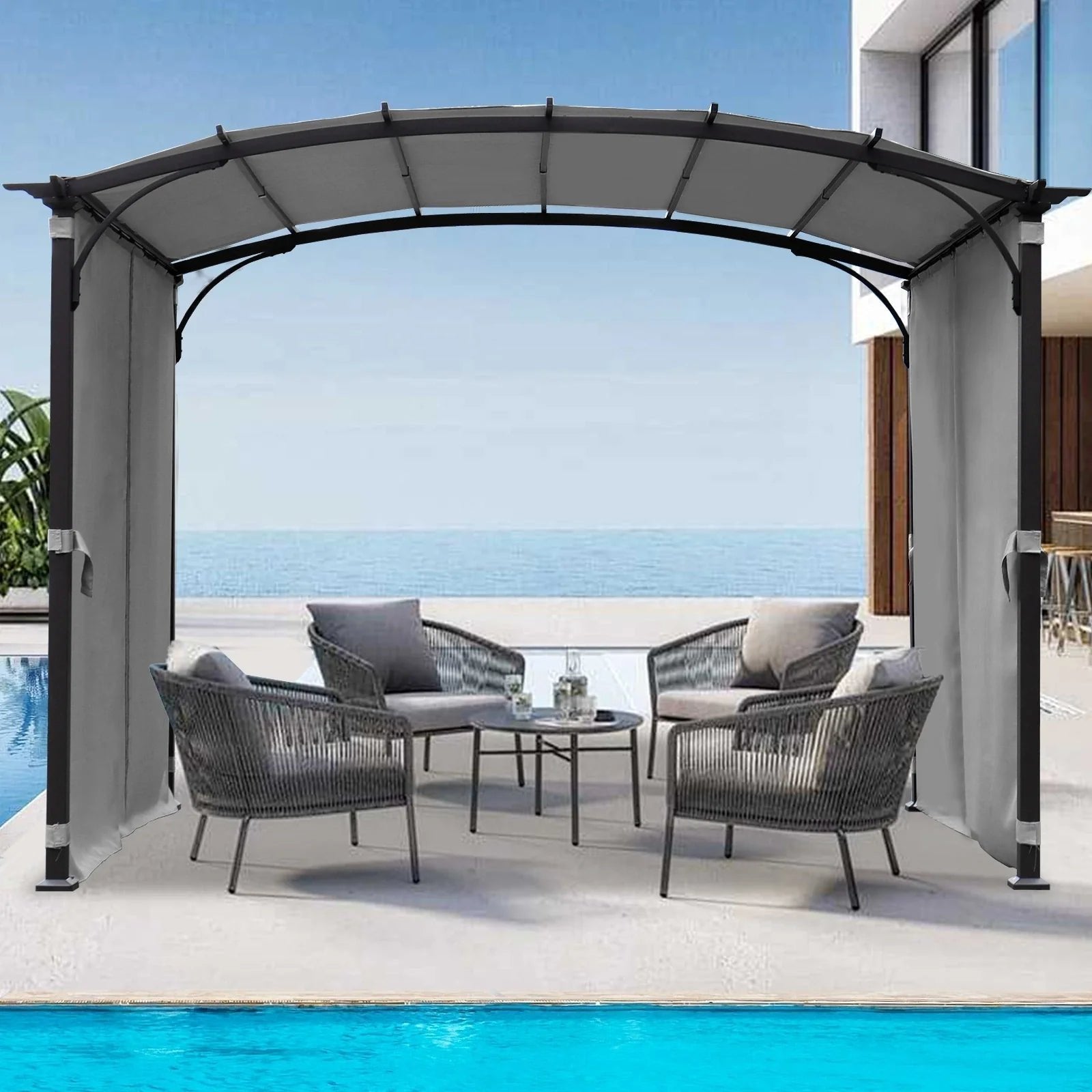 Elegant 9 x 11 ft Arched Patio Pergola Gazebo with Waterproof Sun Shade and Steel Frame image 0
