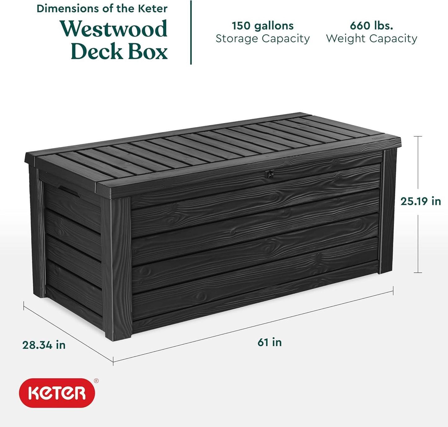 Keter Westwood 150-Gallon Resin Outdoor Storage Box | Weather-Resistant Deck Bin for Patio Cushions, Garden Tools & Pool Accessories – Dark Grey image 1