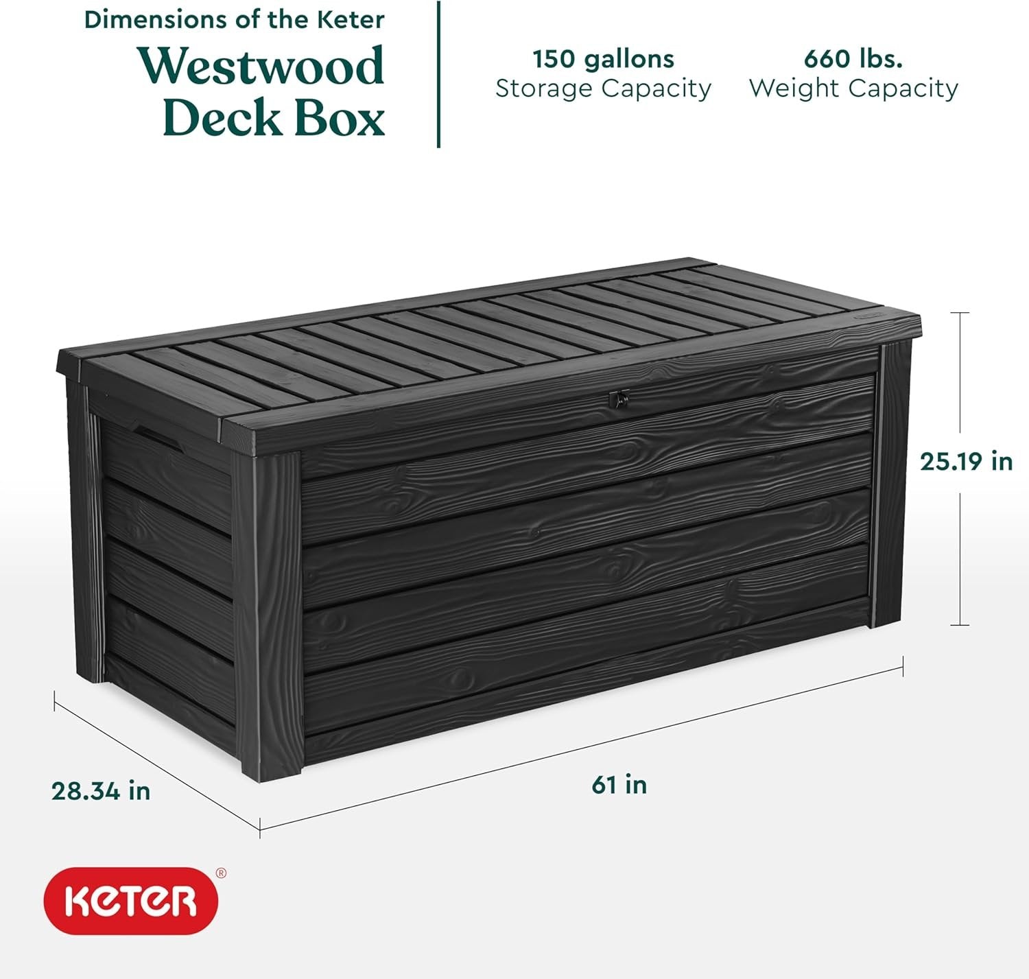 Keter Westwood 150-Gallon Resin Outdoor Storage Box | Weather-Resistant Deck Bin for Patio Cushions, Garden Tools & Pool Accessories – Dark Grey image 1