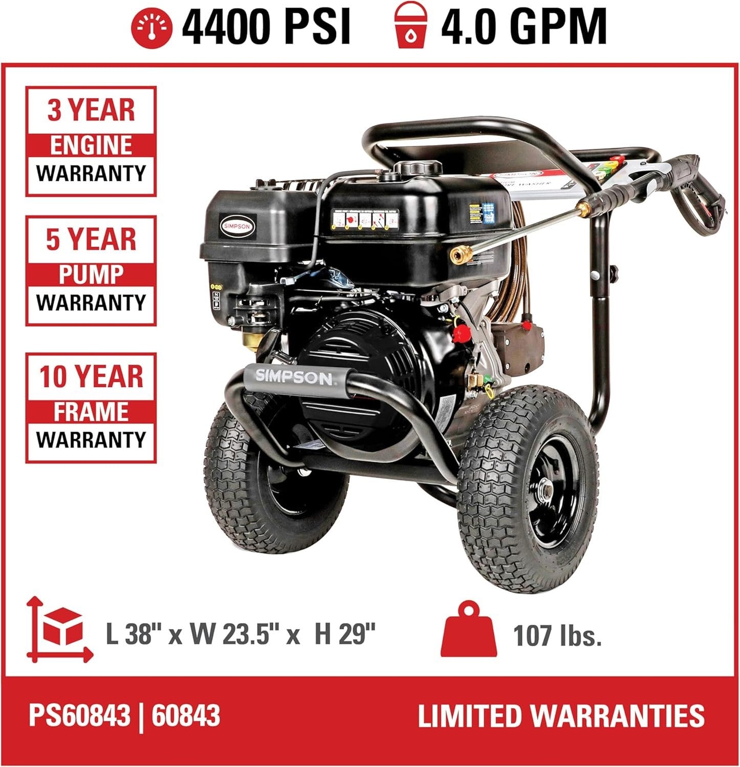Simpson PowerShot PS60843 – 4400 PSI 4.0 GPM Commercial Gas Pressure Washer with 50 ft Hose | Cold Water, 49-State Compliant image 4