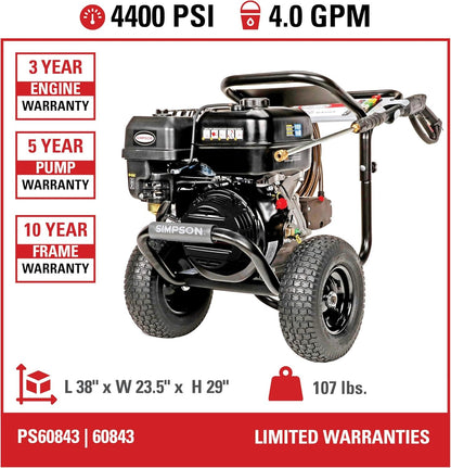 Simpson PowerShot PS60843 – 4400 PSI 4.0 GPM Commercial Gas Pressure Washer with 50 ft Hose | Cold Water, 49-State Compliant image 4