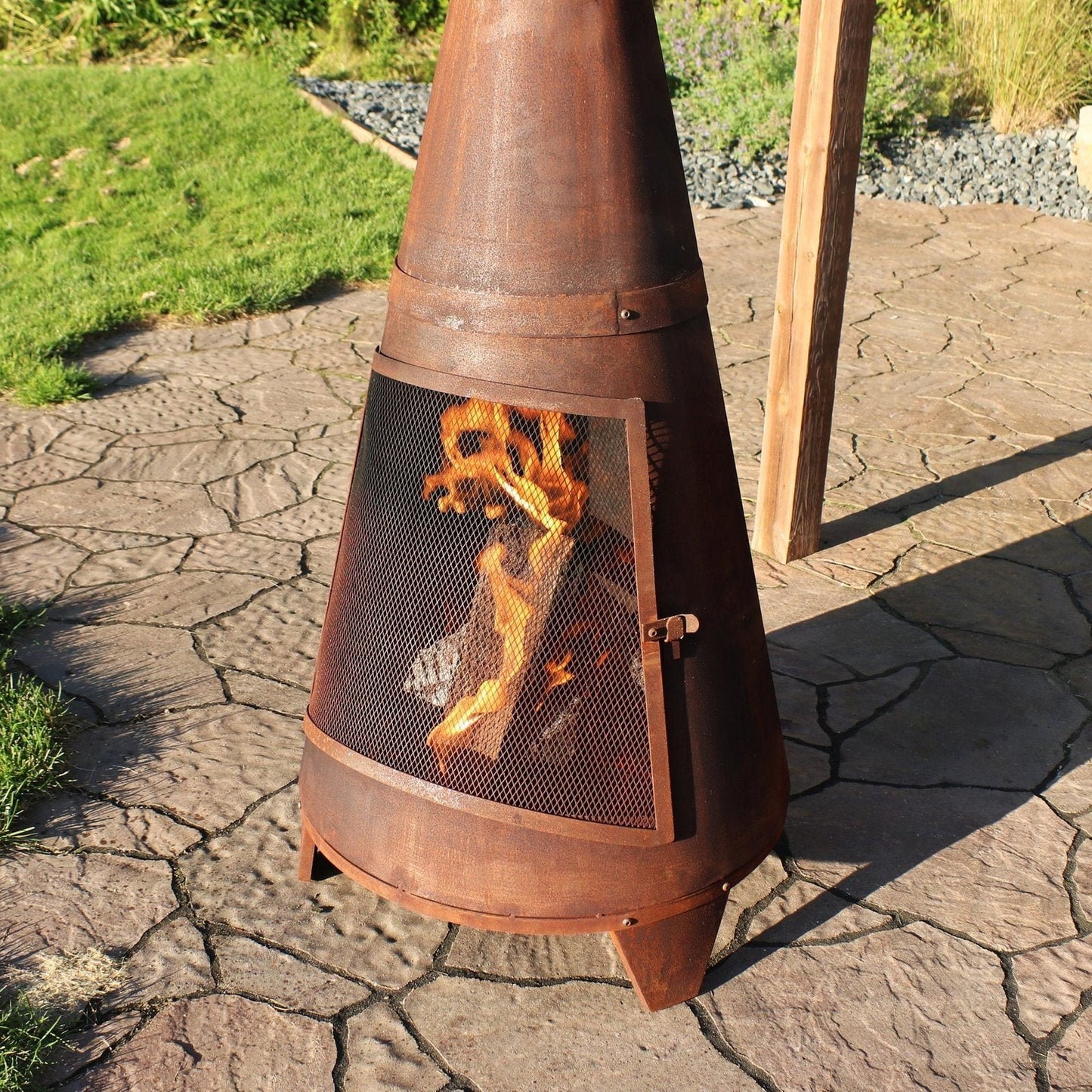 Sunnydaze 70″ Rust Patina Finish Steel Wood-Burning Chiminea with Spark Screen image 9