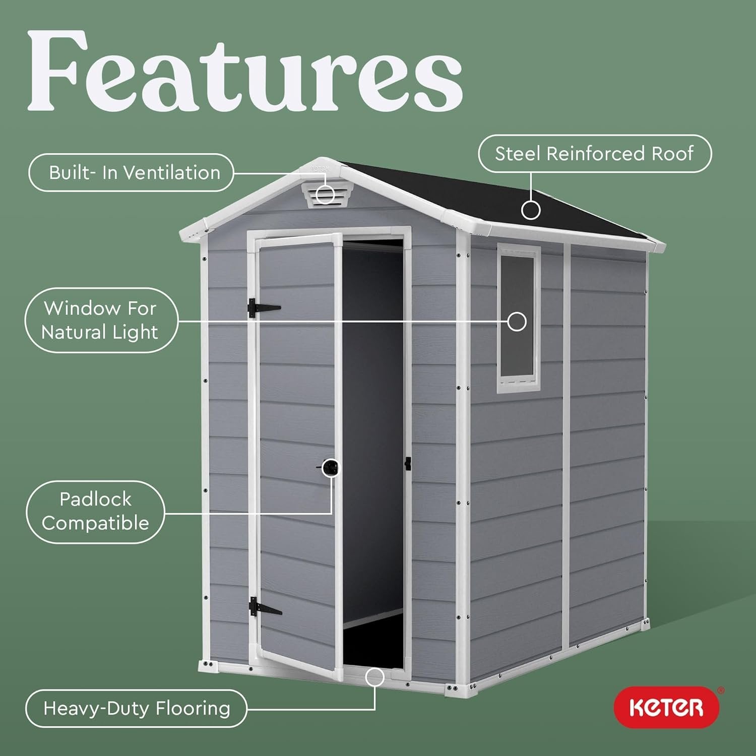 Keter Manor 4×6 Resin Outdoor Storage Shed Kit-Perfect to Store Patio Furniture, Garden Tools Bike Accessories, Beach Chairs and Lawn Mower, Grey & White image 2