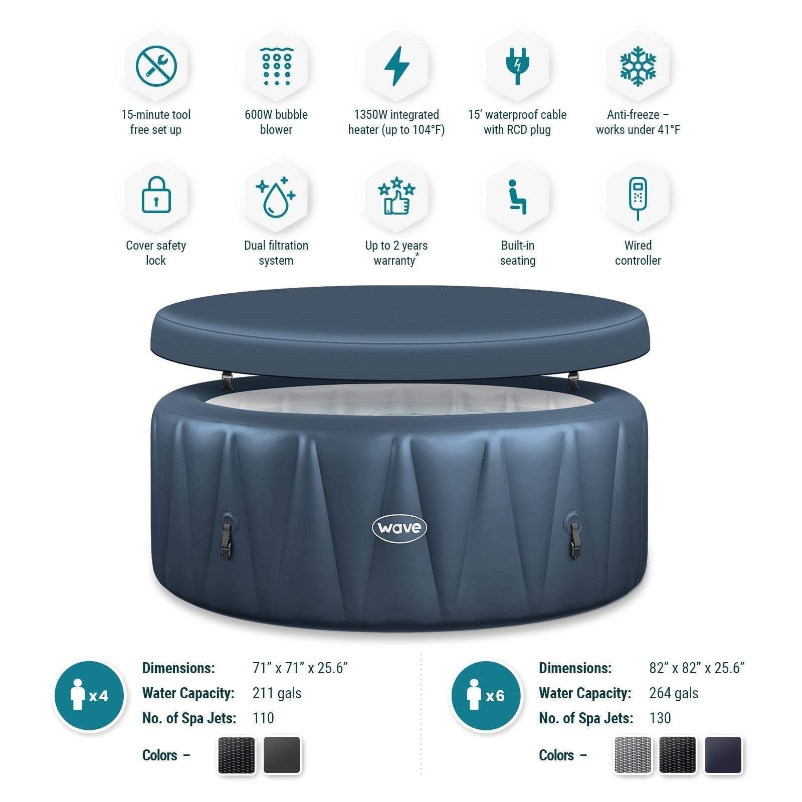Wave Atlantic 6 Person Round Inflatable Hot Tub, Navy image 8