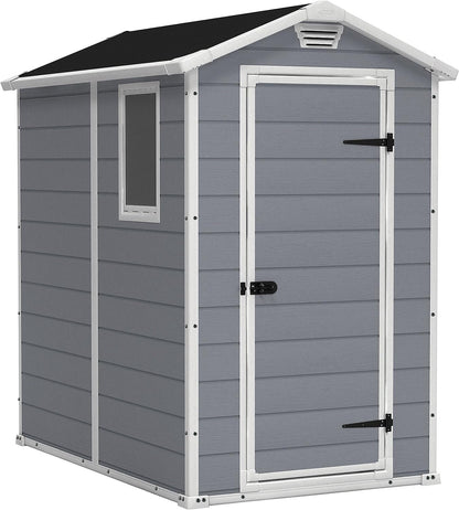 Keter Manor 4×6 Resin Outdoor Storage Shed Kit-Perfect to Store Patio Furniture, Garden Tools Bike Accessories, Beach Chairs and Lawn Mower, Grey & White image 0