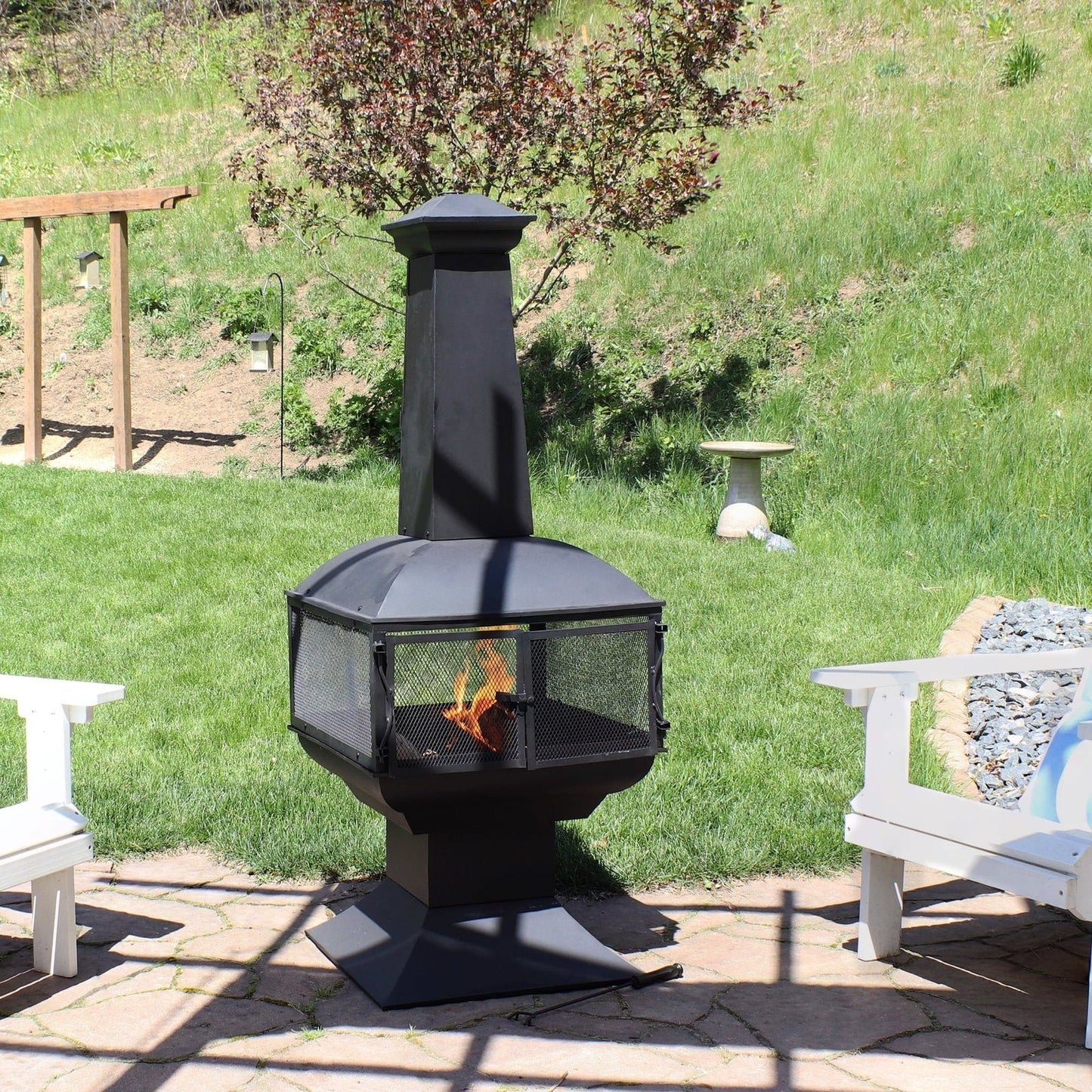 Sunnydaze 57″ 360-Degree View Steel Wood-Burning Chiminea with Grate, Poker, and Cover image 0