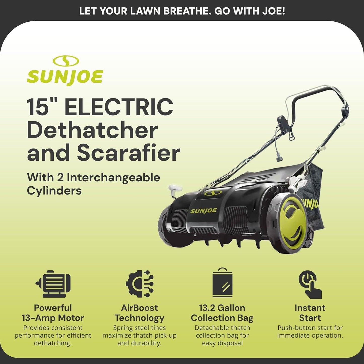 Sun Joe AJ805E 13A Electric Dethatcher & Scarifier, 15 in. image 1