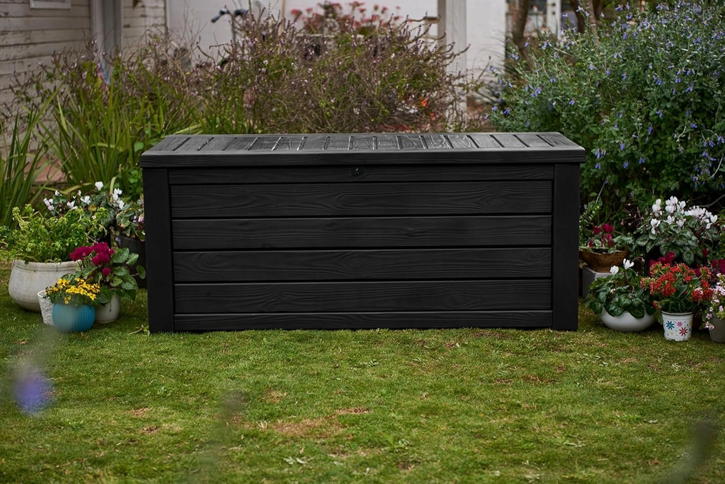 Keter Westwood 150-Gallon Resin Outdoor Storage Box | Weather-Resistant Deck Bin for Patio Cushions, Garden Tools & Pool Accessories – Dark Grey image 3