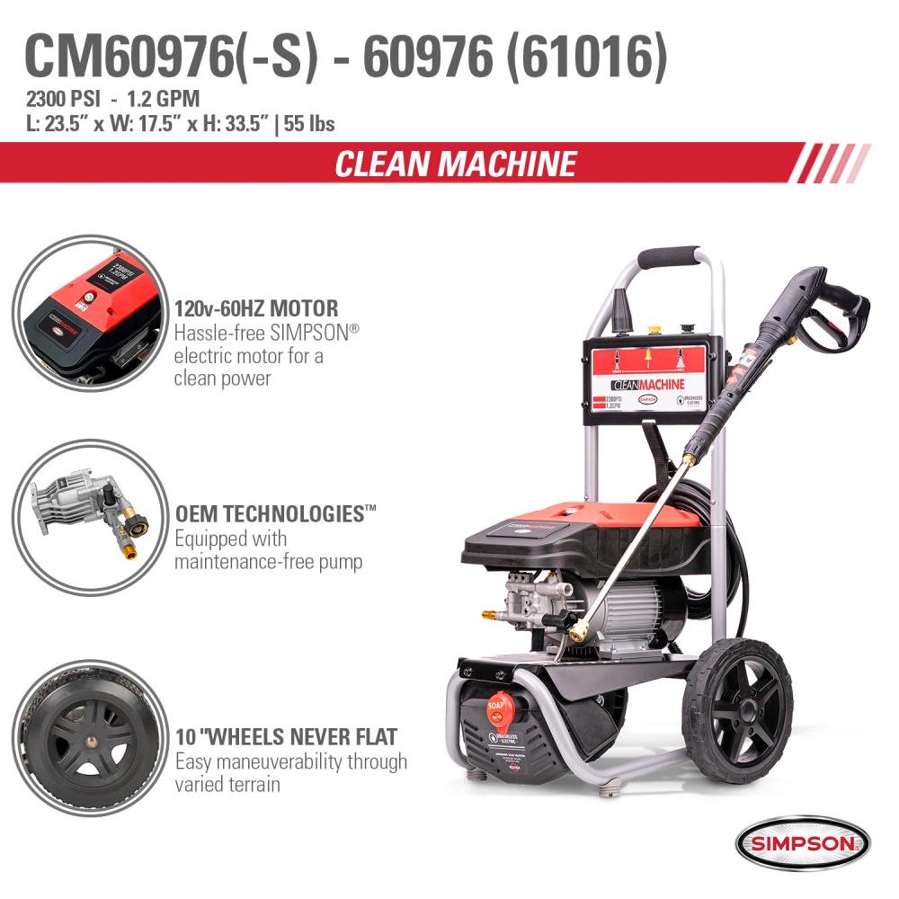 SIMPSON 1.2-GPM Clean Machine 2300 PSI 1.2-GPM Cold Water Electric Pressure Washer with 3 Spray Tips (Battery Included) CM60976 image 11