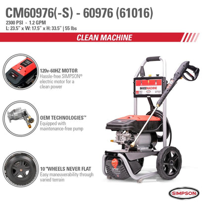 SIMPSON 1.2-GPM Clean Machine 2300 PSI 1.2-GPM Cold Water Electric Pressure Washer with 3 Spray Tips (Battery Included) CM60976 image 11