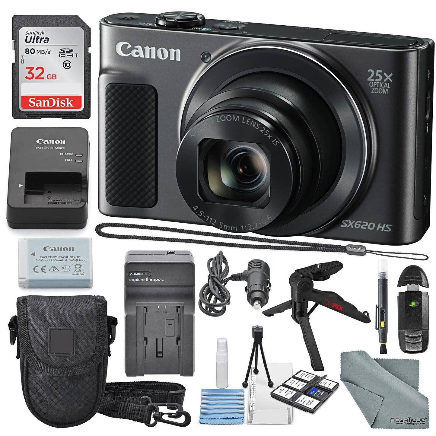 Canon PowerShot SX620 HS Digital Camera Along with 32GB, Deluxe Accessory Bundle and Cleaning Kit, Black image 0
