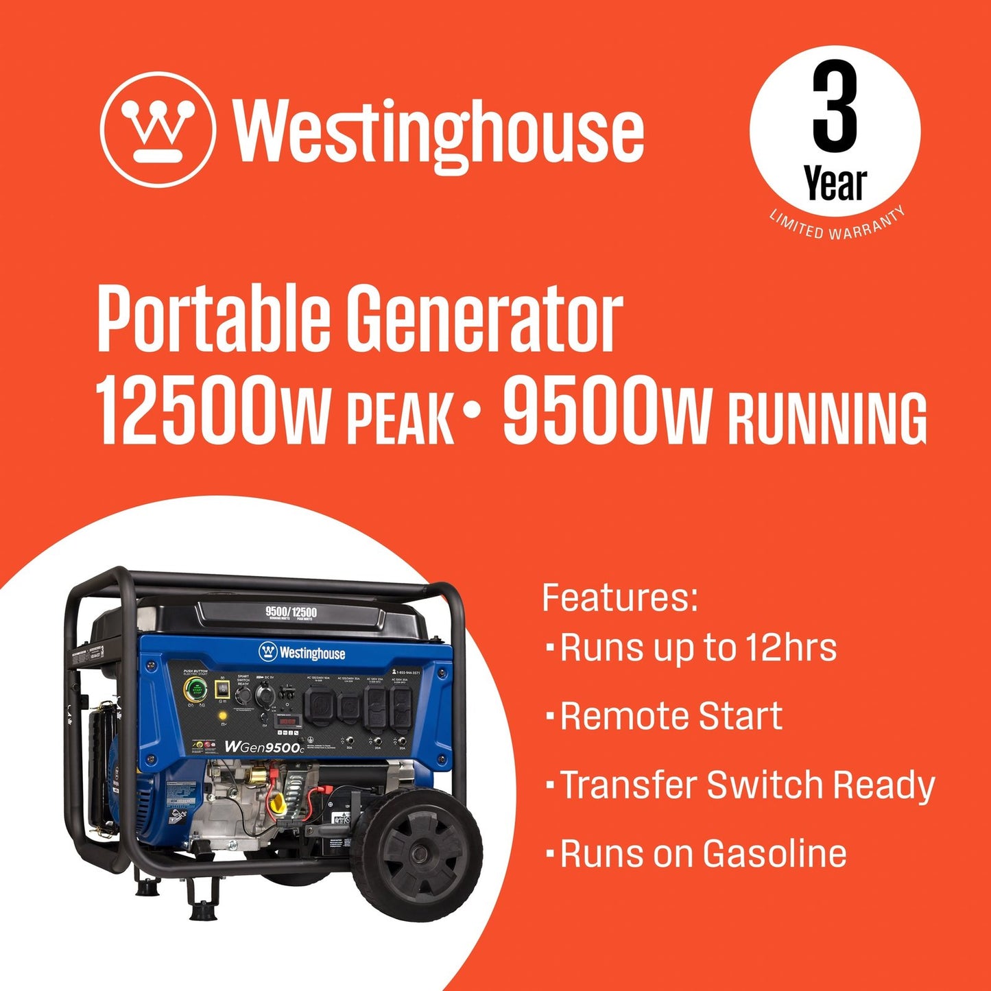 Westinghouse WGen9500c Remote Electric Start 9500-Watt Single Fuel (Gasoline) Portable Generator WGEN9500C image 1