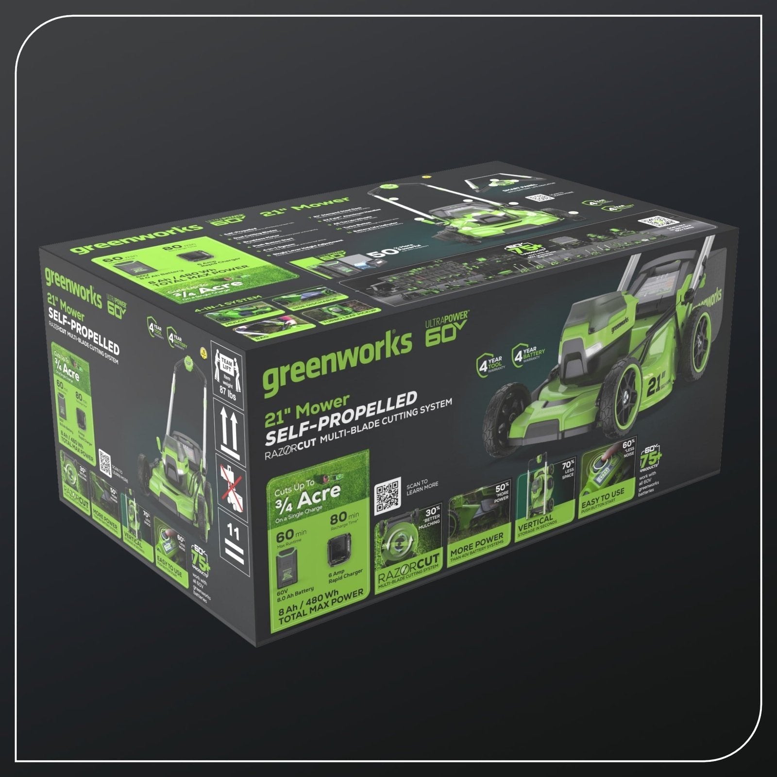 Greenworks 60V 21″ Self Propelled Lawn Mower with (1) 8.0 Ah Battery & Rapid Charger 2546402 image 4
