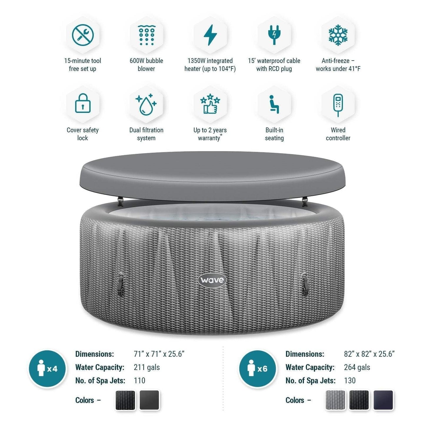Wave Atlantic 6 Person Round Inflatable Hot Tub, Navy image 6