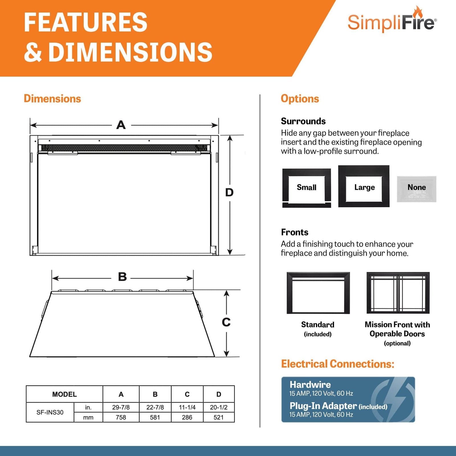 SimpliFire 30-In Electric Fireplace Insert with LED Flame and Multi-Color Ember Bed image 5