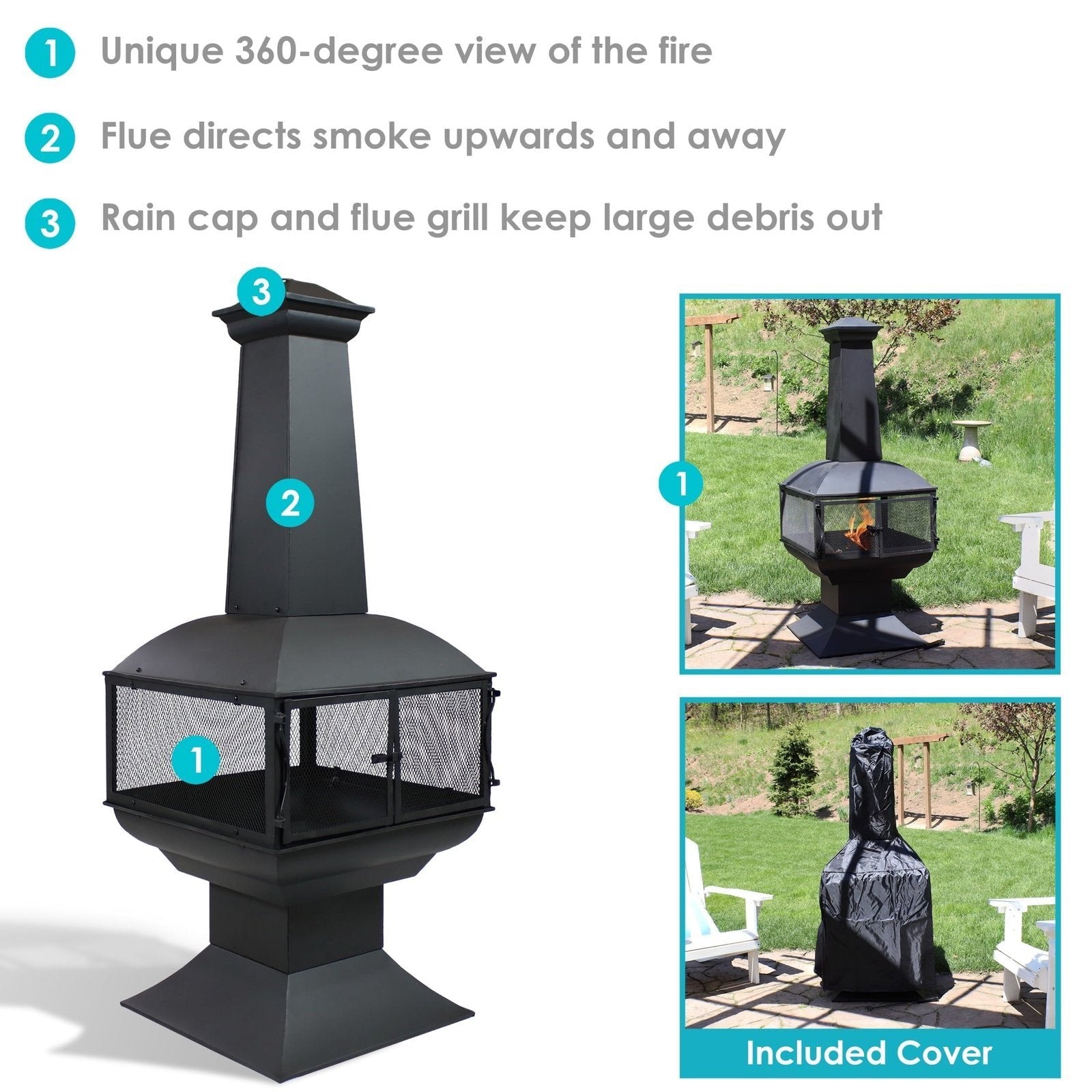 Sunnydaze 57″ 360-Degree View Steel Wood-Burning Chiminea with Grate, Poker, and Cover image 2