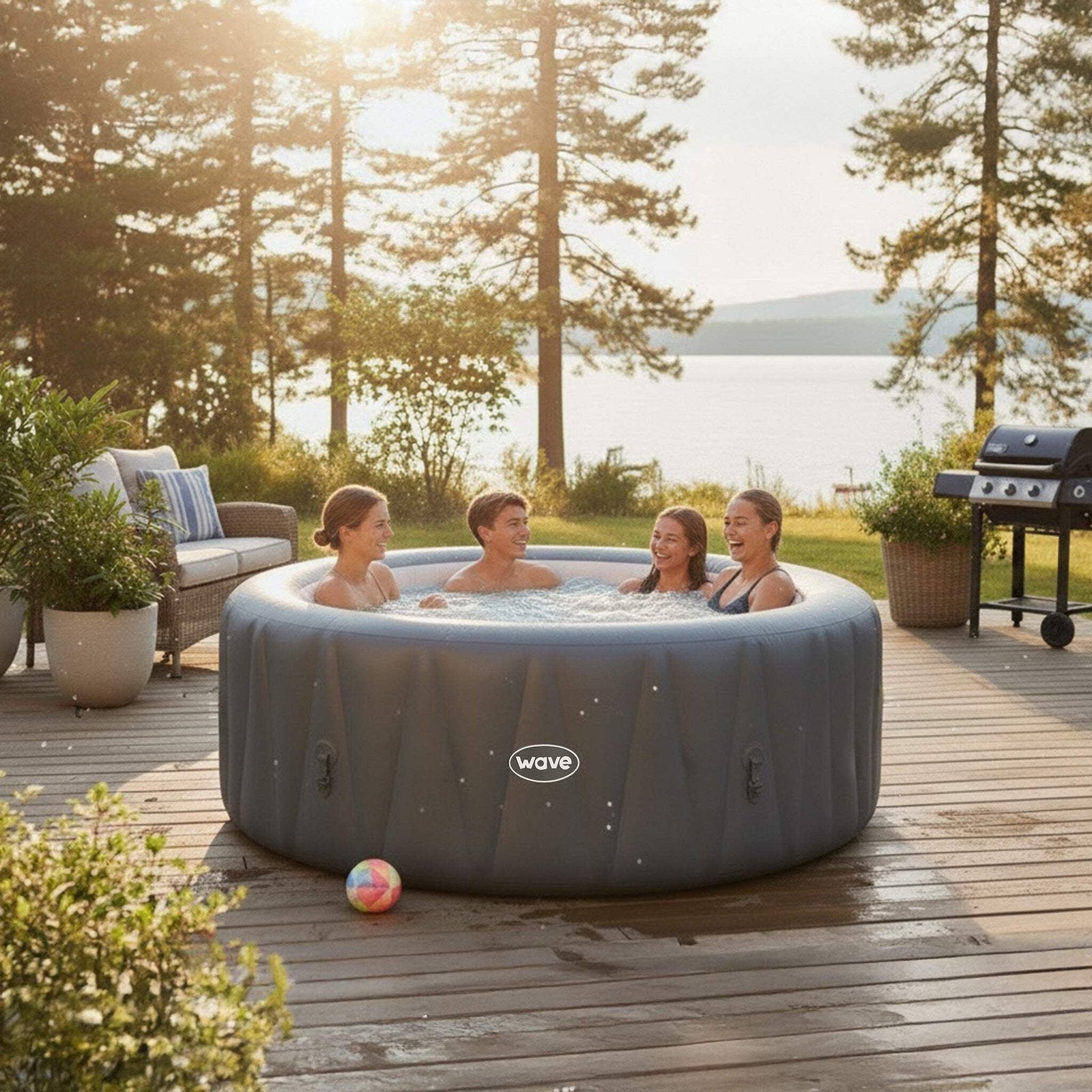 Wave Atlantic 6-Person Inflatable Hot Tub | Integrated Eco Heater | 130 Aquajet Massage System | Anti-Freeze Protection | Quick 15-Minute Setup | Gray Rattan image 1