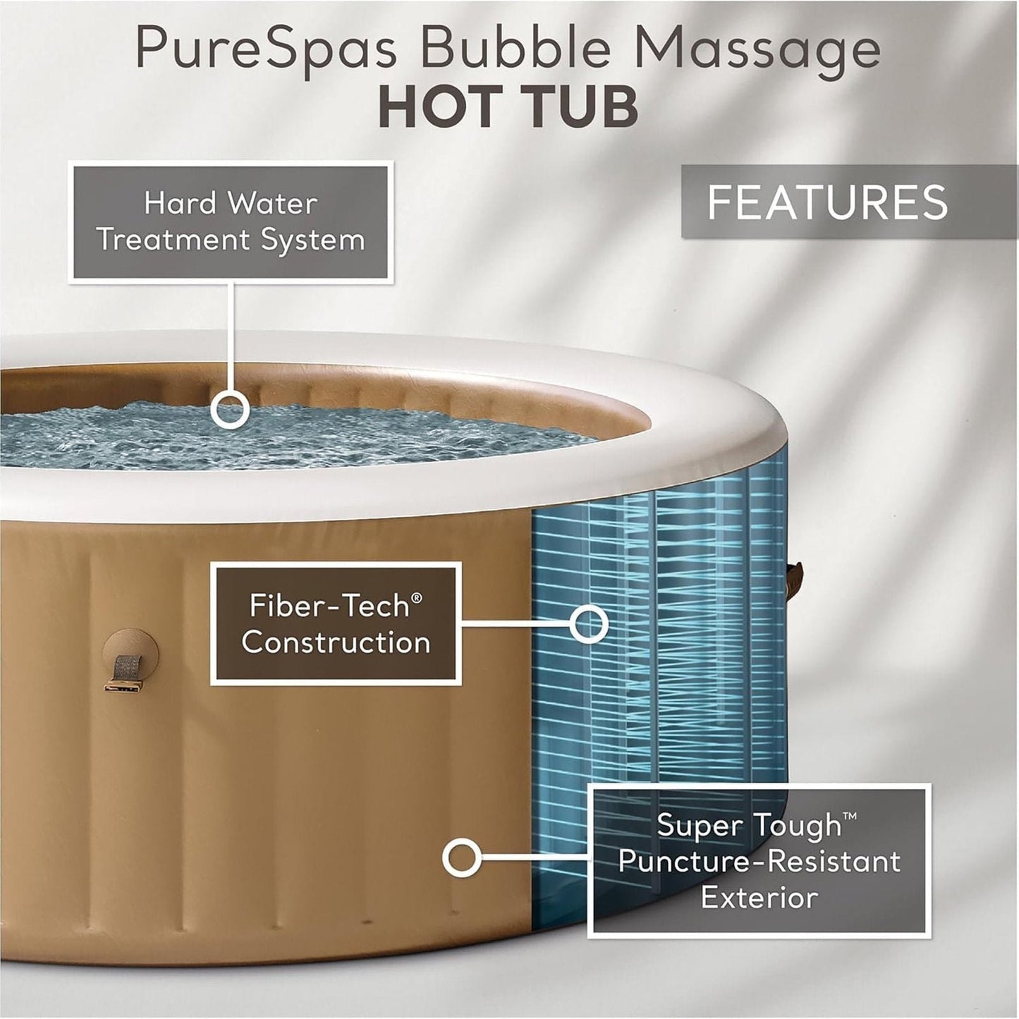 Intex: PureSpa: Sahara Tan Inflatable Hot Tub Set – 6 Person – 85″ Round Outdoor Heated Bubble Spa, Jet Massage, Cover, Hard Water Treatment System image 1