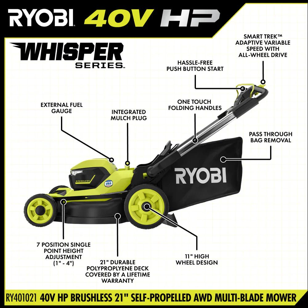 RYOBI 40v Hp brushless 21″ self-propelled AWD dual-blade mower kit image 3