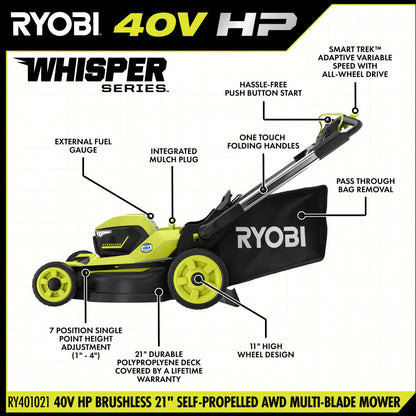 RYOBI 40v Hp brushless 21″ self-propelled AWD dual-blade mower kit image 3