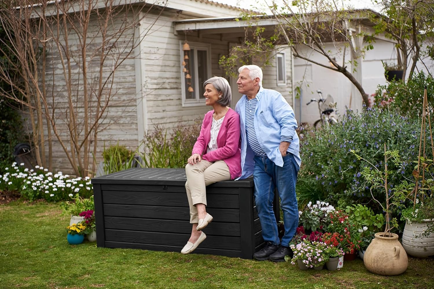 Keter Westwood 150-Gallon Resin Outdoor Storage Box | Weather-Resistant Deck Bin for Patio Cushions, Garden Tools & Pool Accessories – Dark Grey image 2