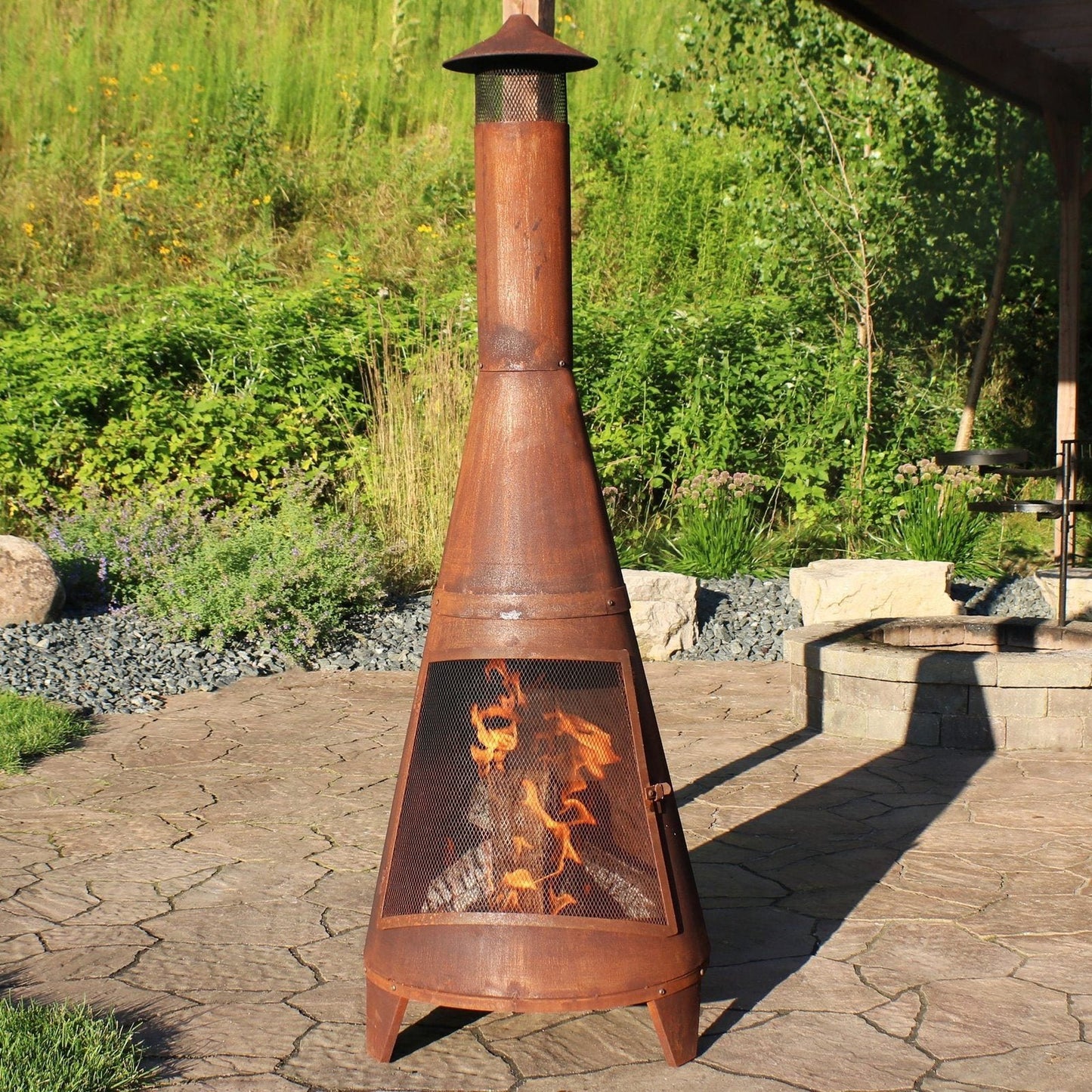 Sunnydaze 70″ Rust Patina Finish Steel Wood-Burning Chiminea with Spark Screen image 8