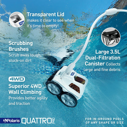 Polaris Quattro P40 Pressure Side Pool Cleaner for All In-Ground Pool Surfaces, Large-Capacity Dual Filtration Canister, 31′ Hose & Transparent Lid to View Debris image 3