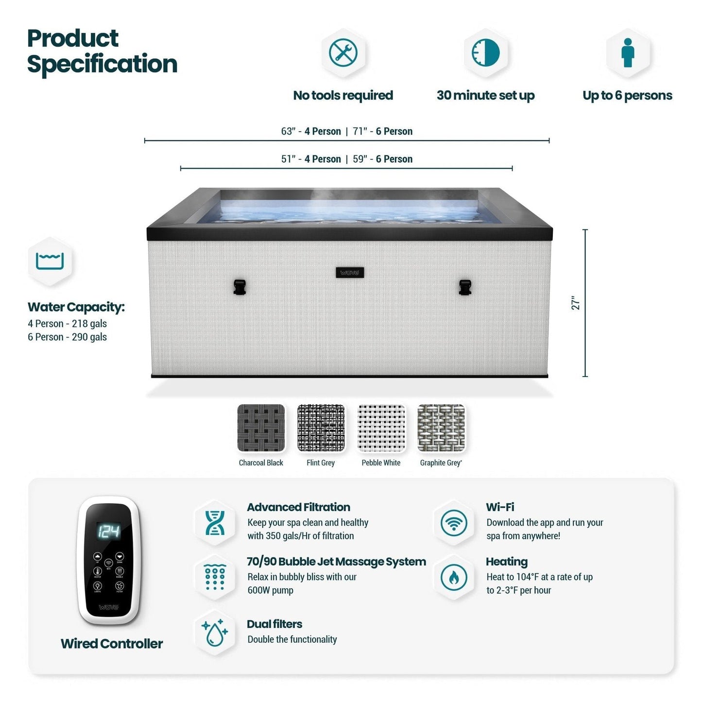 Wave Garda | 4-Person Eco Foam Hot Tub | Integrated Heater | Charcoal Black image 4