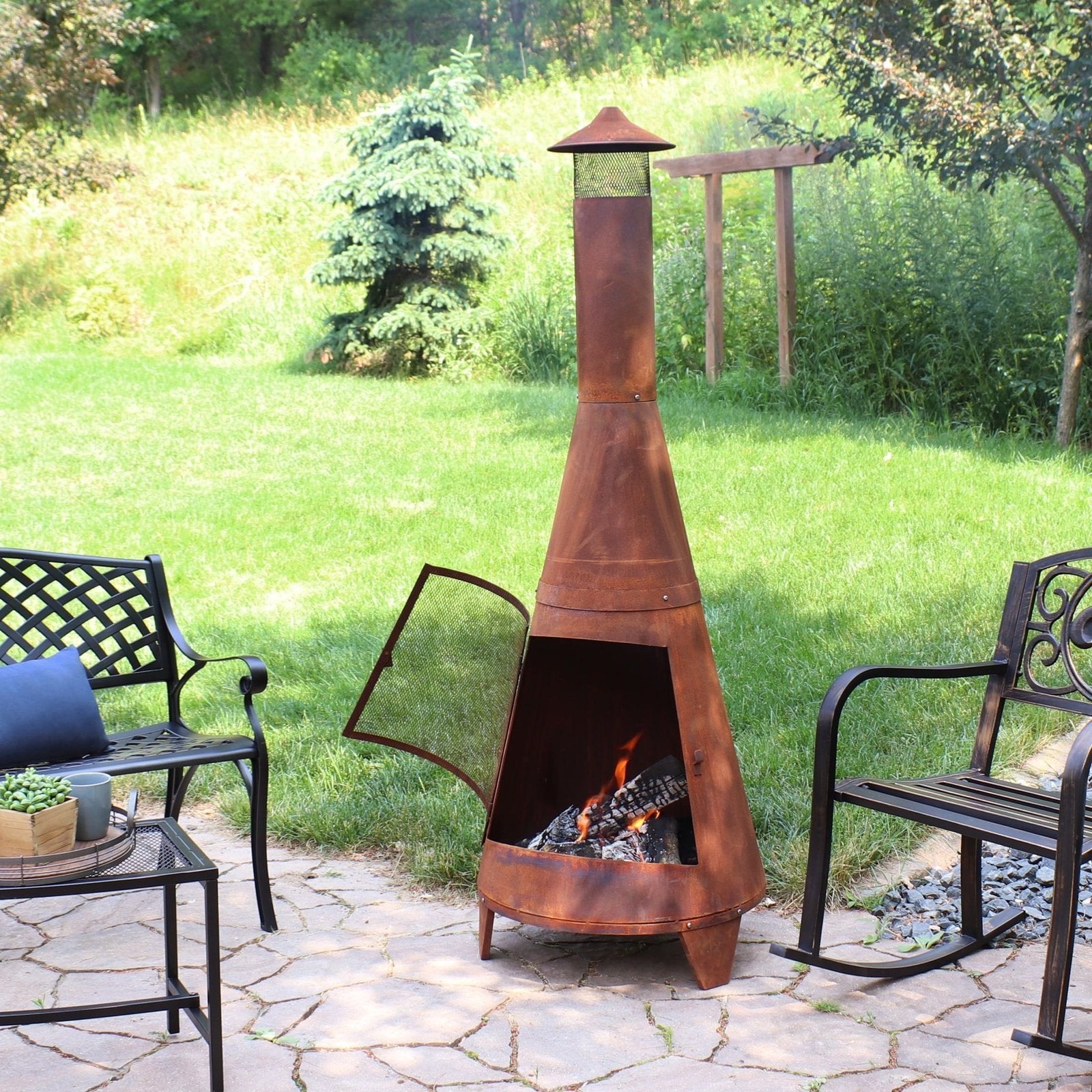 Sunnydaze 70″ Rust Patina Finish Steel Wood-Burning Chiminea with Spark Screen image 0